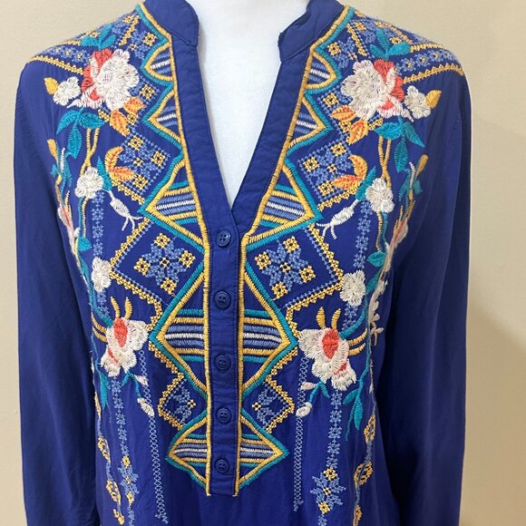 ANTHROPOLOGIE LUNA MOON Floral Embroidered Boho Tunic Royal Blue Sz S - Picture 3 of 14